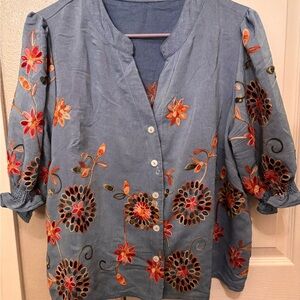 Embroidered Blue Button-Front Women's Shirt, beautiful embroidered for spring